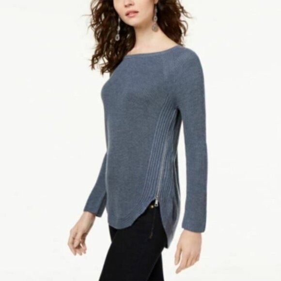 INC International Concepts Sweaters - INC Rib Zipper Detail Mini Waffle Crew Neck Wool Blend Sweater Blue Women Size S